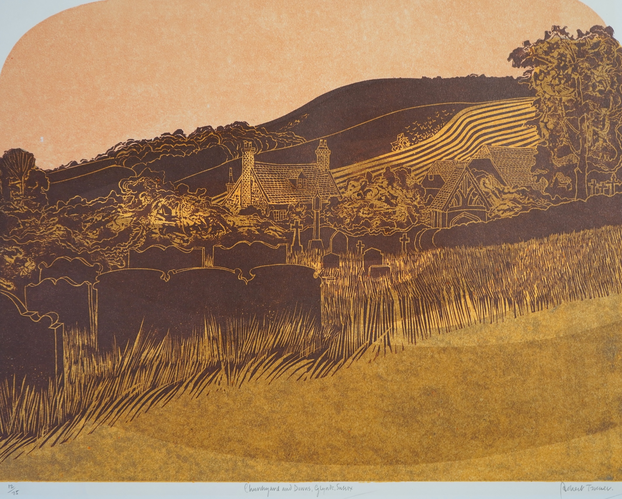 Robert Tavener RE, 1920-2004, 'Churchyard and Downs, Glynde'